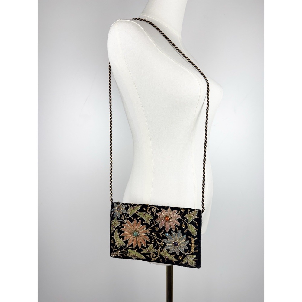 Vintage Black Velvet Evening Bag Gold Floral Beaded Embroidered Crossbody Purse